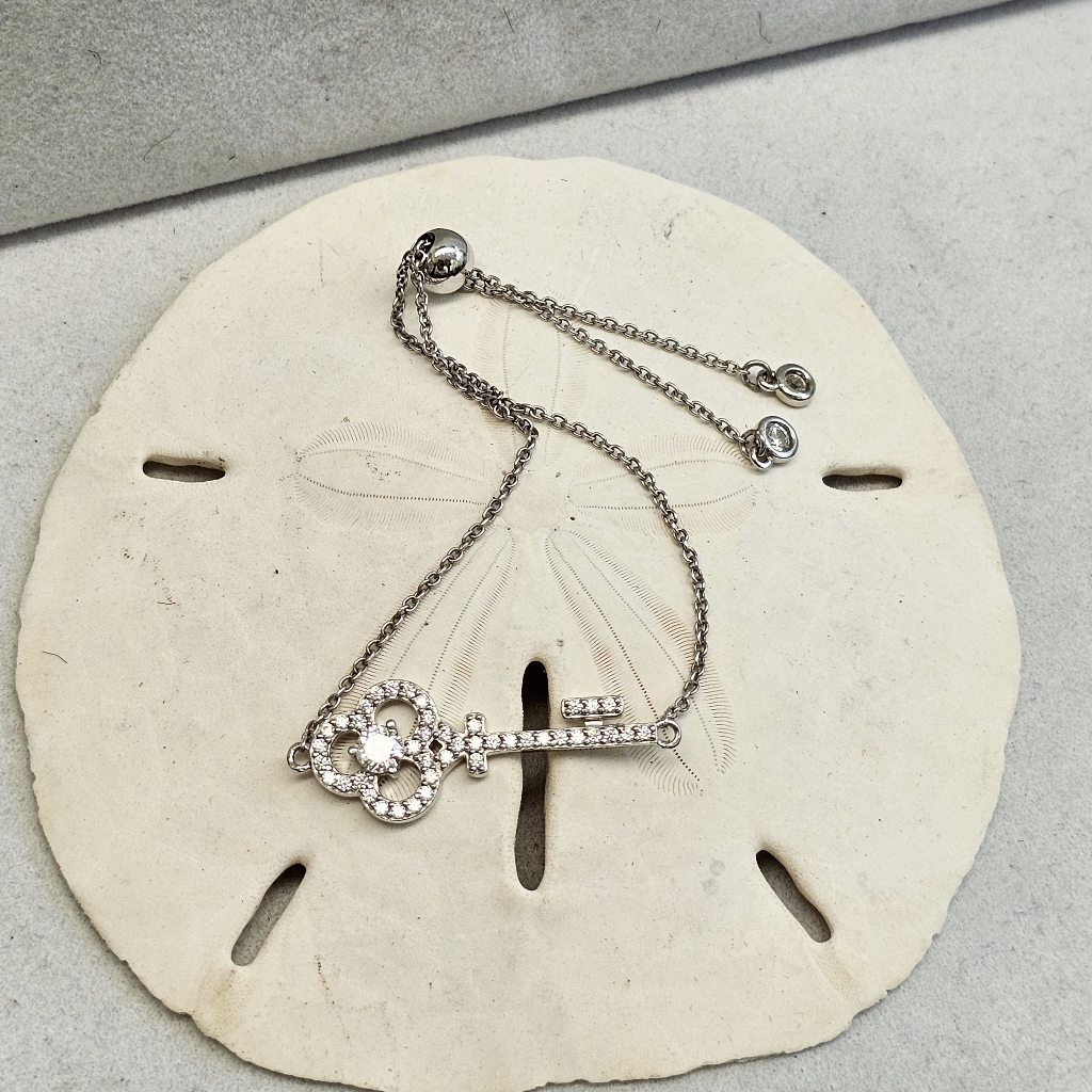 925 Silver Key Bracelet With Czs Bolo Adjustable Like New Without Tags